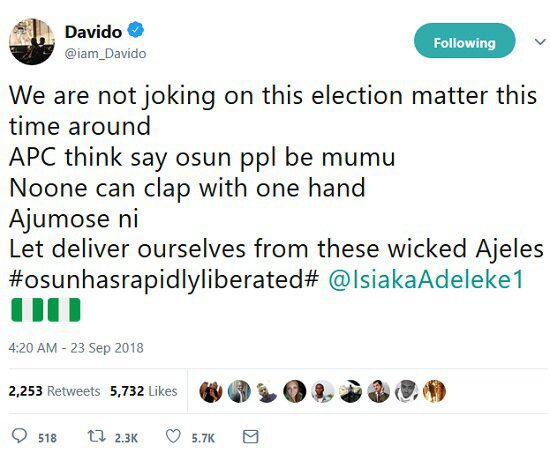#OsunDecides2018: Davido Accuses INEC Of Daylight Robbery In Osun Guber Election