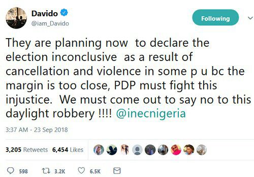 #OsunDecides2018: Davido Accuses INEC Of Daylight Robbery In Osun Guber Election