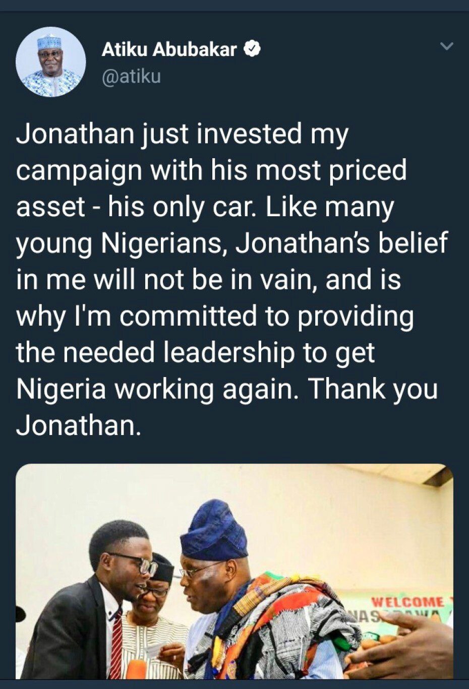 Atiku Shares Photo Of A Young Nigerian Man Who Contributed His ‘Only Car’ To The Atiku Campaign