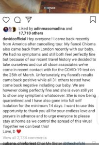 Davido's Fiancee, Chioma Tests Positive For Coronavirus