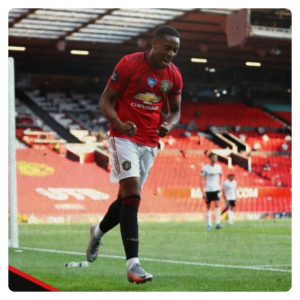 Anthony Martial celebrating his hat-trick goals in Man U vs Sheffield Utd match 