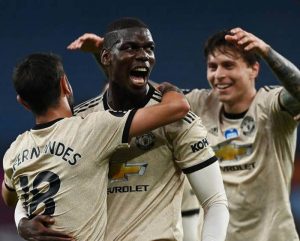 Pogba, Fernandez, Lindelolf celebrating their winning in Aston Villa vs Man Utd Highlight match