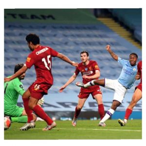 Raheem shoot the ball but Chamberlain deflected it to the goal in Man City vs Liverpool match 