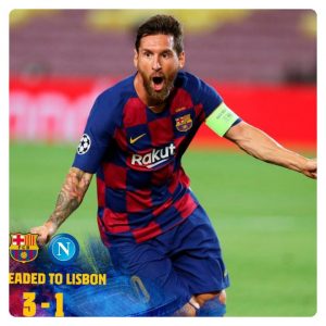 Lionel Messi celebrating his goal UCL matches between Barcelona vs Napoli