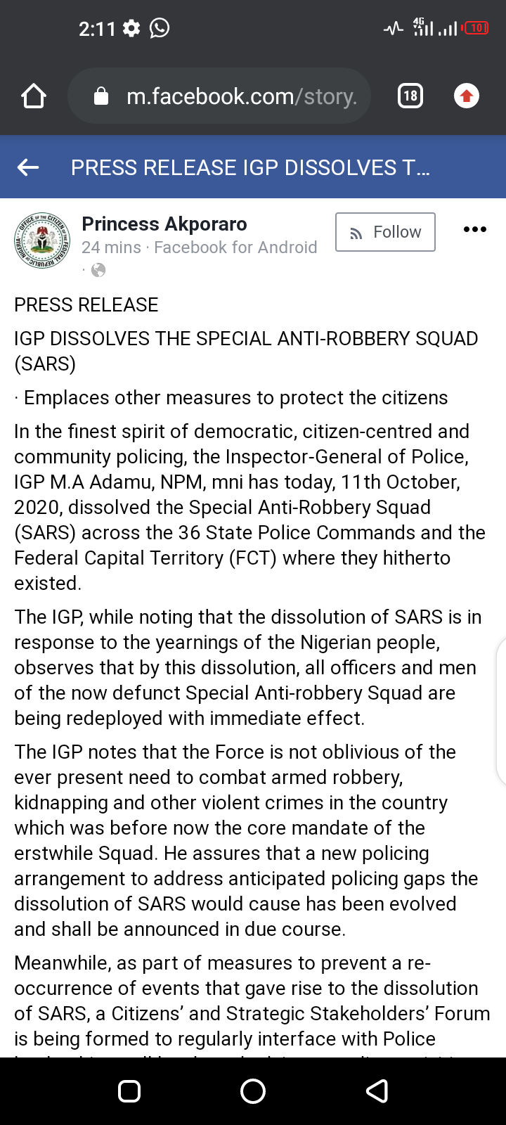 Breaking: IGP Finally Dissolves SARS #EndSARS