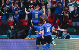 Bonucci celebrating equalizer goal along with Italy teammates against England at EURO 2020 Final