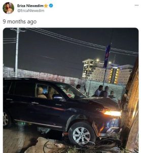 Bbnaija housemate, Erica car accident scene