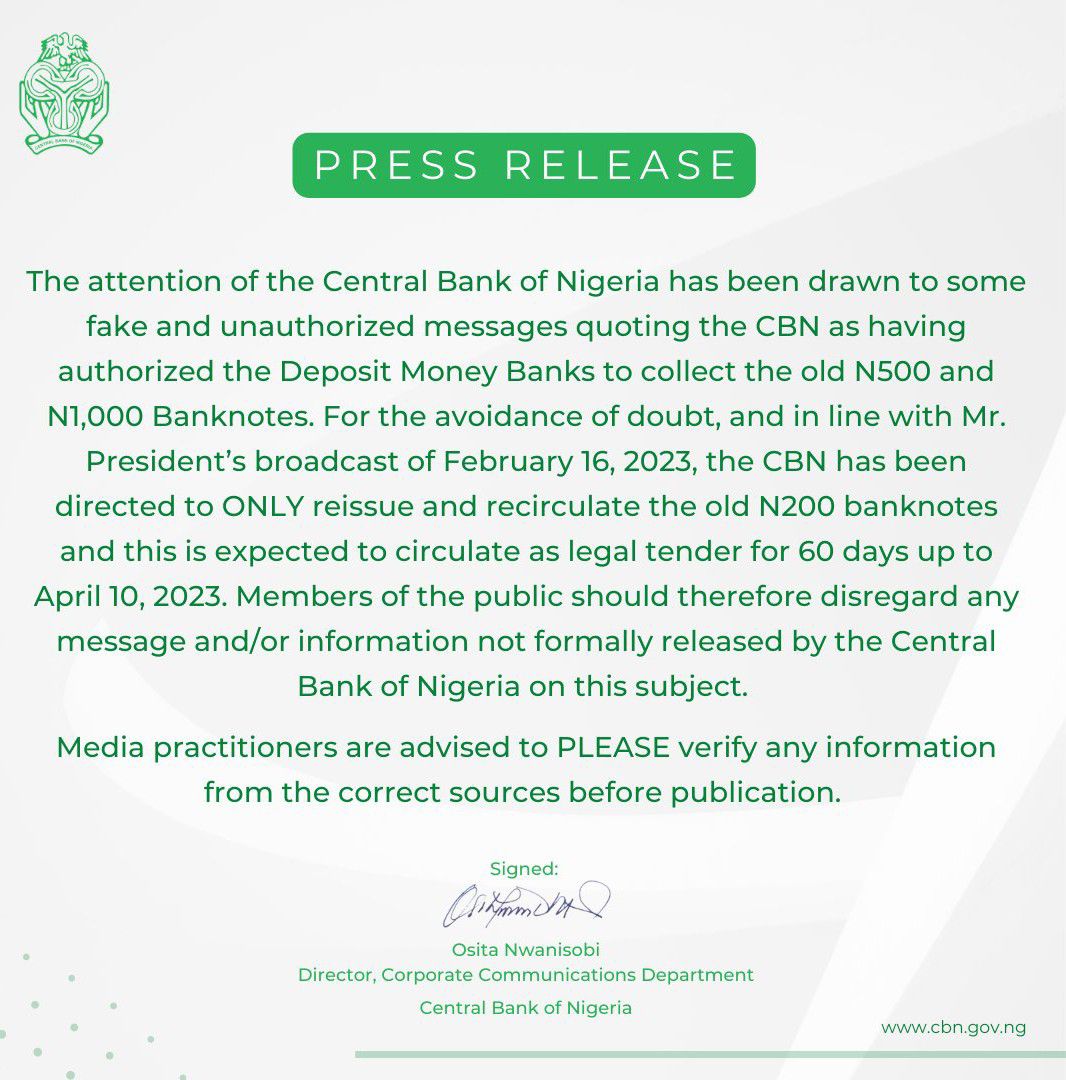 Central Bank of Nigeria Denies Directing Banks To Collect Old N500, N1, 000 Notes