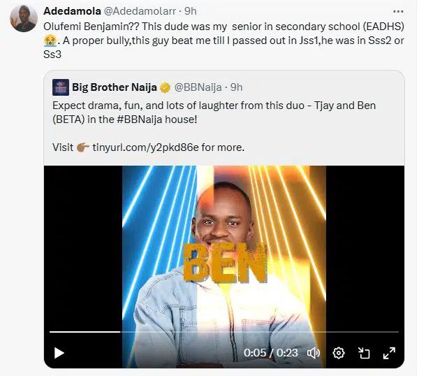 Big Brother Naija Season 9 Housemate Ben of Beta has been accused of bullying by an ex-Schoolmate