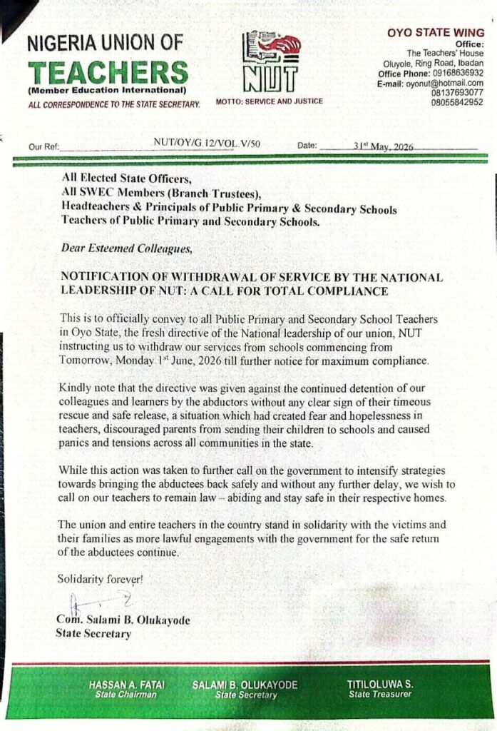 NUT Directs Oyo Teachers to Embark on Indefinite Strike Over Abducted Colleagues, Pupils